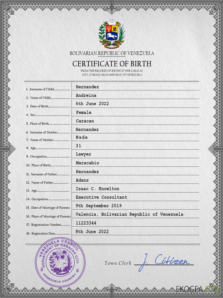 Acte de naissance du Venezuela